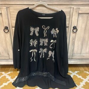 Black Bow-Embellished Women's Long Sleeve Top
